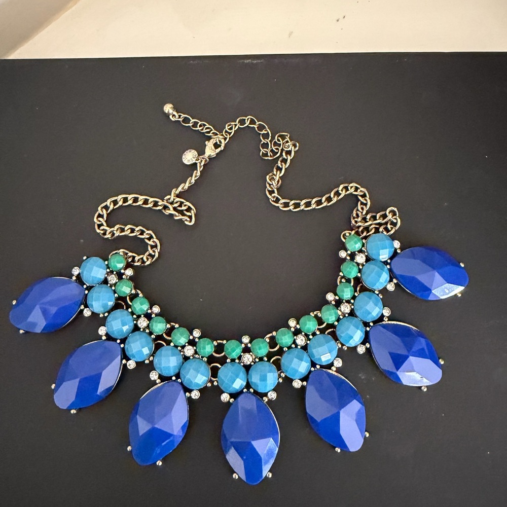 J.Crew Blue Statement Necklace Teardrop Crystal Bib Gold Tone Bold